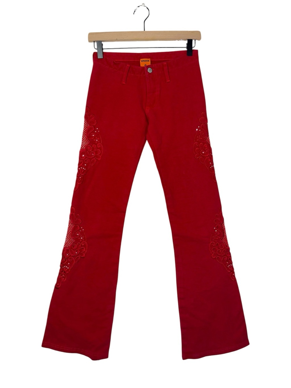 Vtg Y2K Sashay Rhinestone Embellished Low Rise Cut Out Flare Low Rise Jeans Surf